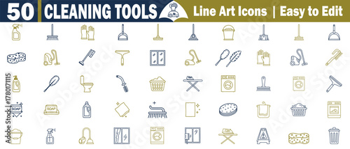 Cleaning Tools Line Art Icons Vector Set. Janitorial Supplies and House Cleaning Equipment for Domestic Work vector illustration. 