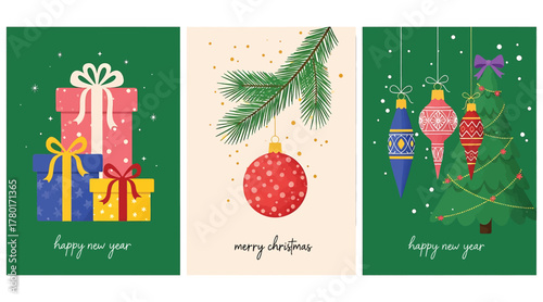 Festive christmas and new year greeting cards featuring gifts, ornaments, and evergreen branches, creating a joyful and celebratory atmosphere for the holiday season
