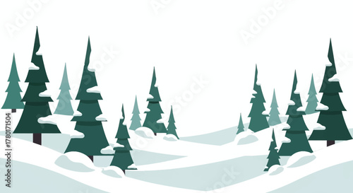 Snowy landscape with evergreen trees some topped with snow against a white backdrop