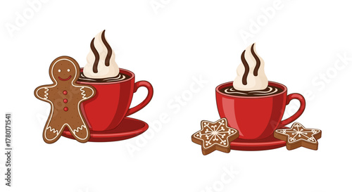 Two mugs of cocoa with whipped cream and adjacent gingerbread cookies on a white background