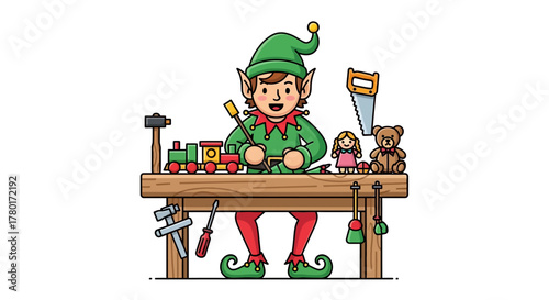 Elf at workbench making toys with tools and toys around