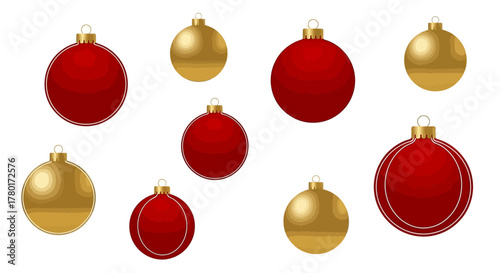 Ornate red  gold Christmas ornaments are arranged on a white background