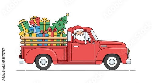 Santa drives a red truck filled with gifts and a Christmas tree