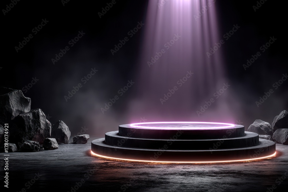 Obraz premium Futuristic podium illuminated by glowing purple neon lights with a dramatic atmosphere