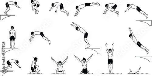 Swimming dive technique vector set, step-by-step sequence from starting block to water entry, male swimmer poses, instructional sports illustration