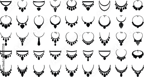 Necklace silhouettes collection, jewelry accessory icons, fashion ornament designs, black and white style, cad drawing flat vector illustration for catalog