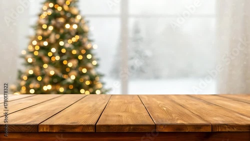 Empty wooden table with warm, blurred Christmas decor, twinkling lights, and gentle snow, a perfect cozy holiday backdrop for product display or video