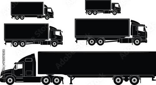 Truck silhouettes collection, cargo transport vehicles, logistics freight icons, black and white flat design, cad drawing vector illustration for stock