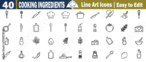 Line Icons Cooking Ingredients Vector Set. These design elements are in  Whisk, Fork, Rolling Pin, Chef Hat, Pot, Knife, Oil, Tomato, Cheese. Easy to Edit Food Pictograms concept. 