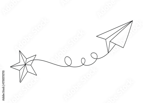 Minimalist Paper Airplane Ascending from a Star in Continuous Line Art Style on White Background Depicting Dreamy Journey