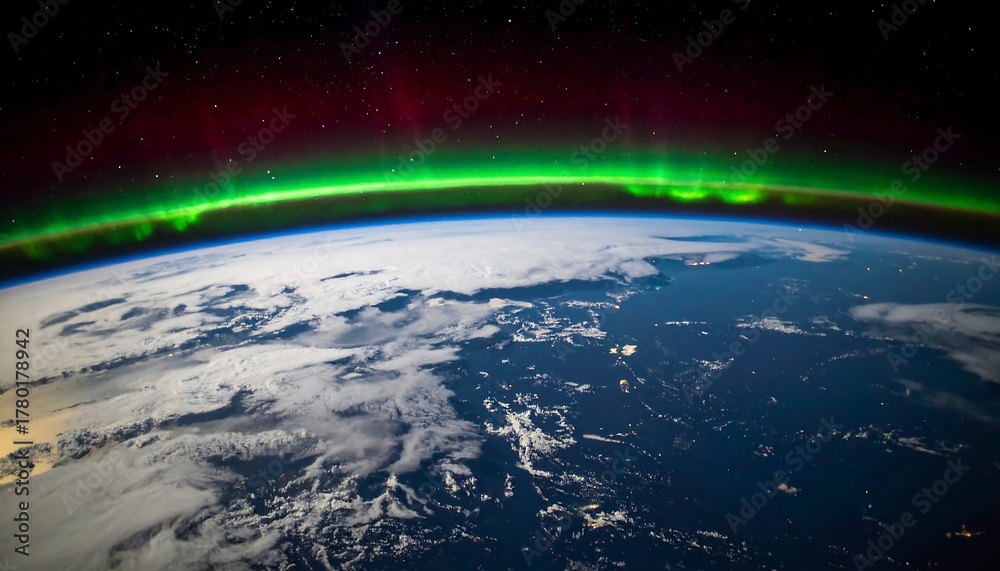 Obraz premium A photo showcases Earth's curvature, the sunlit ocean and continents, with the mesmerizing green aurora borealis arcing across the dark sky