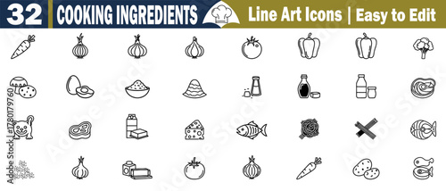 Line Art Culinary Icons Set. These design elements are in  Carrot, Onion, Garlic, Tomato, Pepper, Egg, and Meat. Easy to Edit Food Vector Pictograms for Diverse Designs illustration.  