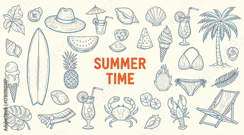 Summer time beach vacation elements a handdrawn collection of tropical icons for a relaxing getaway, perfect for scrapbooking