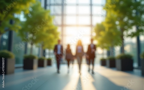 Environmentally and ecologically friendly business ideas Close-up blurred background of people walking in a modern office building with green trees and sunlight. High quality