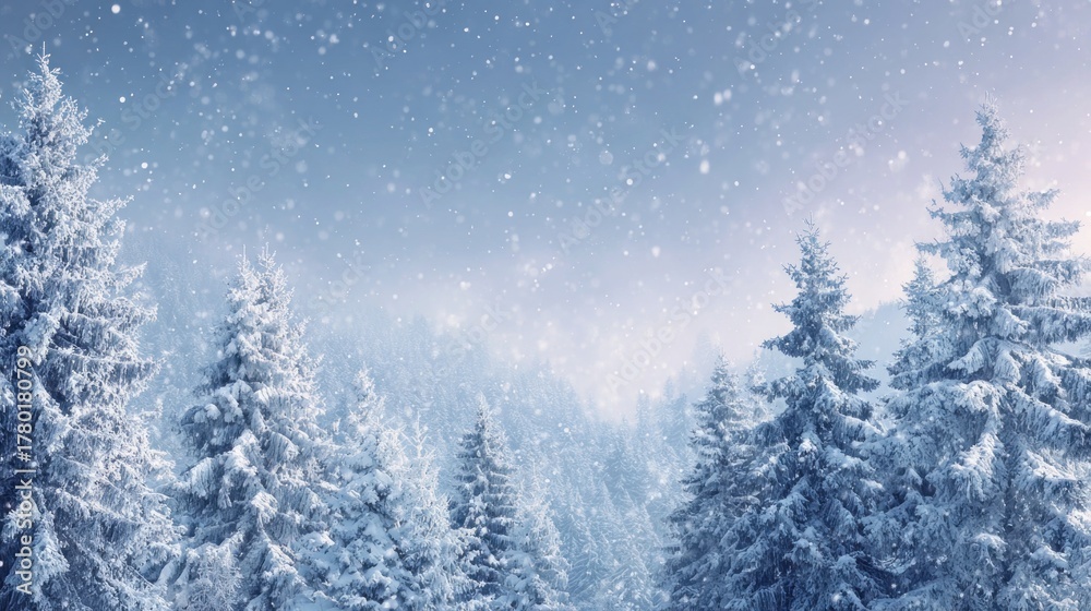 Naklejka premium A serene winter landscape featuring snow-covered evergreen trees under a soft, snowy sky, evoking tranquility and the beauty of nature.