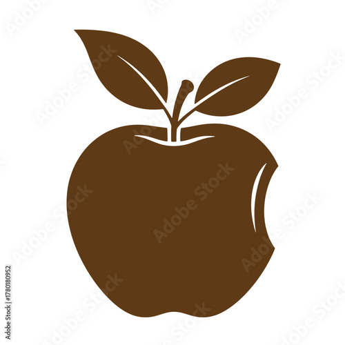 Vintage art illustration of a brown apple with a bite taken and leaves isolated
