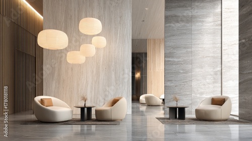 Refined minimalist lobby with cushioned seating and marble side table, serene lighting across polished floor, modern stone wall and wooden panel textures, clear central space, no people