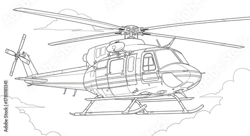 Detailed outline of a helicopter in flight against a cloudscape background