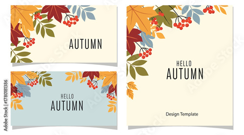 A collection of autumnthemed cards featuring colorful leaves, berries, and the word autumn in a modern font, perfect for seasonal greetings and designs