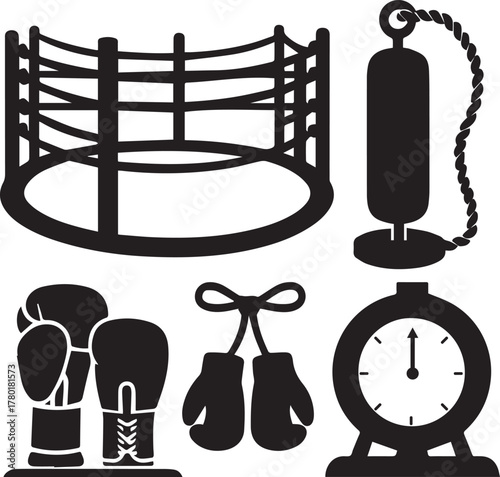 Vector icon set illustration of a Japanese sword, garden, and black and white silhouette design