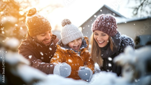 Joyful family of three in winter clothing playing in snowy backyard with child smiling and snow falling expressing warmth, love, and happiness of family bonding in seasonal lifestyle concept