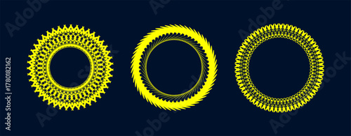 A set of three elegant geometric circular ornaments in a luxurious gold color on a dark blue background. Each circle features a unique intricate pattern resembling lace or woven designs