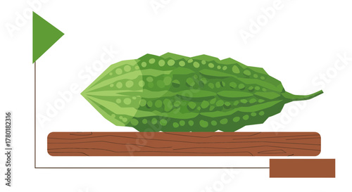Bitter Gourd Fruit Resting Over Wooden Plank Against White Background Flat Design