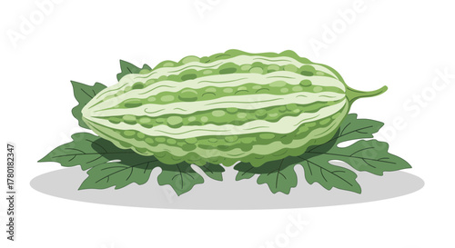 Bitter Gourd Resting On Green Leaves With Shaded Background In Digital Illustration