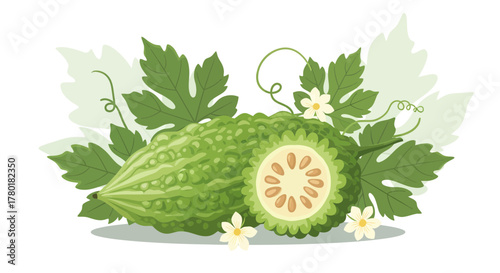 Bitter Gourd Illustration Depicting Fresh Produce, Nature, and Culinary Applications