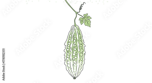 Bitter Gourd Stalk And Leaf Digital Illustration Fresh Organic Produce Isolated