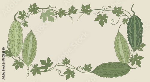 Bitter Gourd Vine Frame With Leaves And Green Vegetables Illustration Design