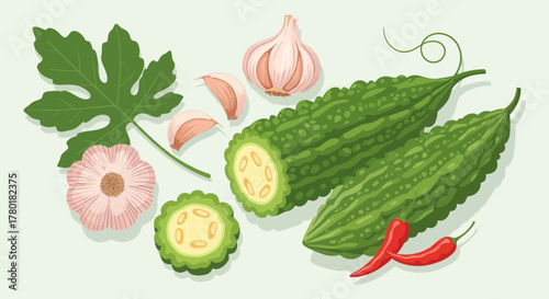Bitter Gourd, Garlic, and Chili Peppers: A Vibrant Culinary Ingredient Illustration