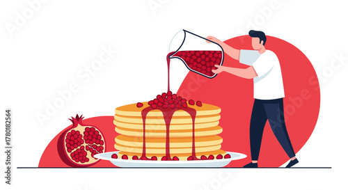 Breakfast Delight: Illustration Of Person Pouring Pomegranate Syrup Over Pancakes