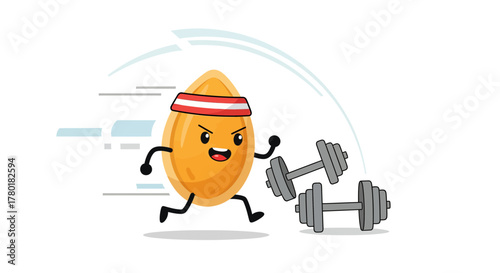 Cartoon Almond Character Running Towards Dumbbells Illustrating Fitness Journey And Healthy