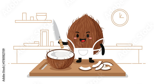 Cartoon Coconut Chef Happily Slicing Pieces on a Wooden Board, Kitchen Art