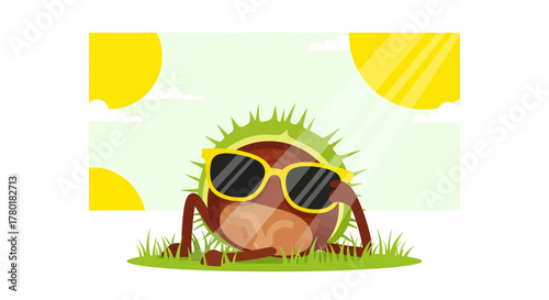 Cartoon Chestnut Relaxing Outdoors in the Sunlight with Eyewear During Summer Days