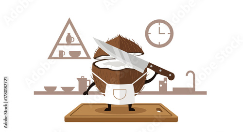 Cartoon Coconut Chef with Knife Posing Ready to Prepare Fresh Fruit in Kitchen Setting