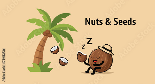 Cartoon Coconut Enjoying Relaxation Near Palm Tree Illustration with Cute Elements and ZZZs