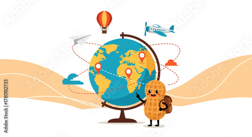 Cartoon Globe With Peanut Character Inspiring Travel Adventures To The World And Beyond