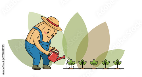 Cartoon Farmer Nurturing Seedlings With Water, Cultivating Growth in Natural Environment