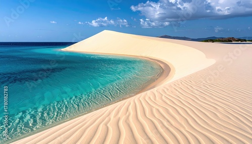 Fototapeta Naklejka Na Ścianę i Meble -  Vast expanse of a pristine white sand dune curving towards turquoise ocean water under a bright blue sky with scattered clouds in a tropical paradise