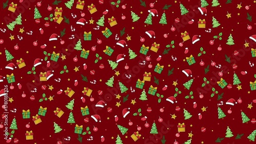 Festive red background with Christmas holiday icons for greeting cards, social media posts, wrapping paper, and holiday-themed designs.