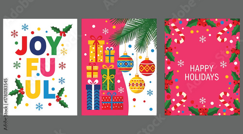 Festive christmas card collection joyful greetings, colorful presents, and holiday cheer with candy canes and holly, for seasonal celebrations