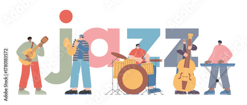 vector illustration of diverse jazz band ensemble playing various instruments including guitar saxophone drums double bass and keyboard music performance live concerts