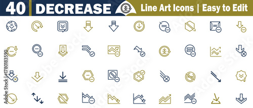 Decrease Line Icons. These design elements are in Downward Trends, Reduction, Negative Growth, Decline, Arrow Symbols, Business Downturn, Loss, Cost Reduction, Price Drop Vector Illustrations.