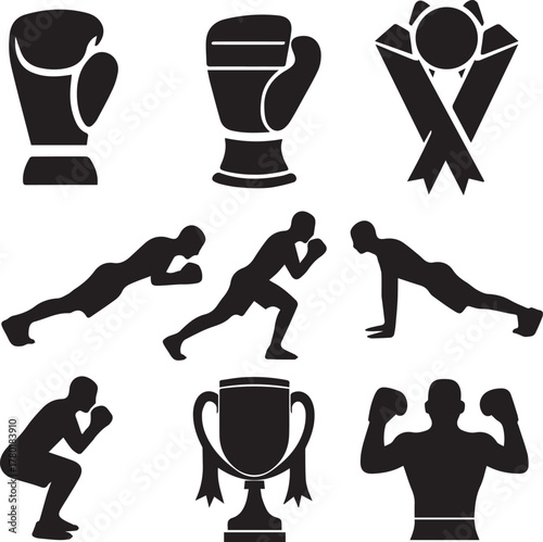 Black silhouette of a woman in a yoga pose and other sport icons set for fitness and gym on a vector background
