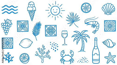 Summer doodle collection handdrawn beach elements, including sun, ice cream, palm tree, and seafood, for vacation vibes
