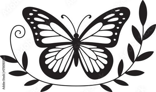 Black and white butterfly tattoo design with wings on a white background for summer nature illustration art