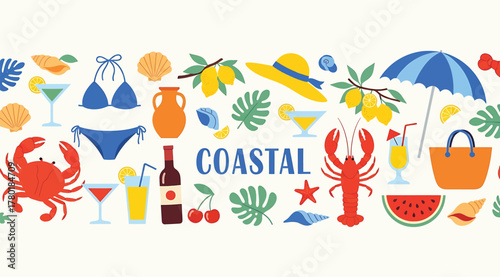 A vibrant coastalthemed banner showcases a delightful array of summer elements, including a crab, lobster, beach umbrella, cocktail, and refreshing watermelon, all set against a clean background