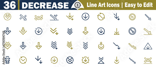 Decrease: Downward Trends, Reduction, Declining Market, Loss, Price Reduction, Business Downturn, Negative Growth, Vector Line Icons Set. 